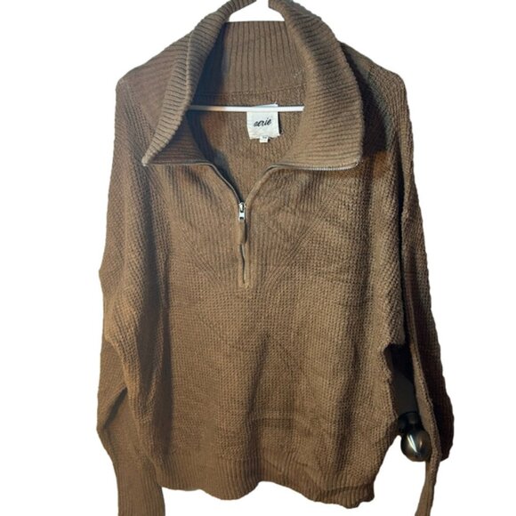 Size, small Aerie cotton polyester blend brown quarter-zip pullover sweater - Picture 2 of 9